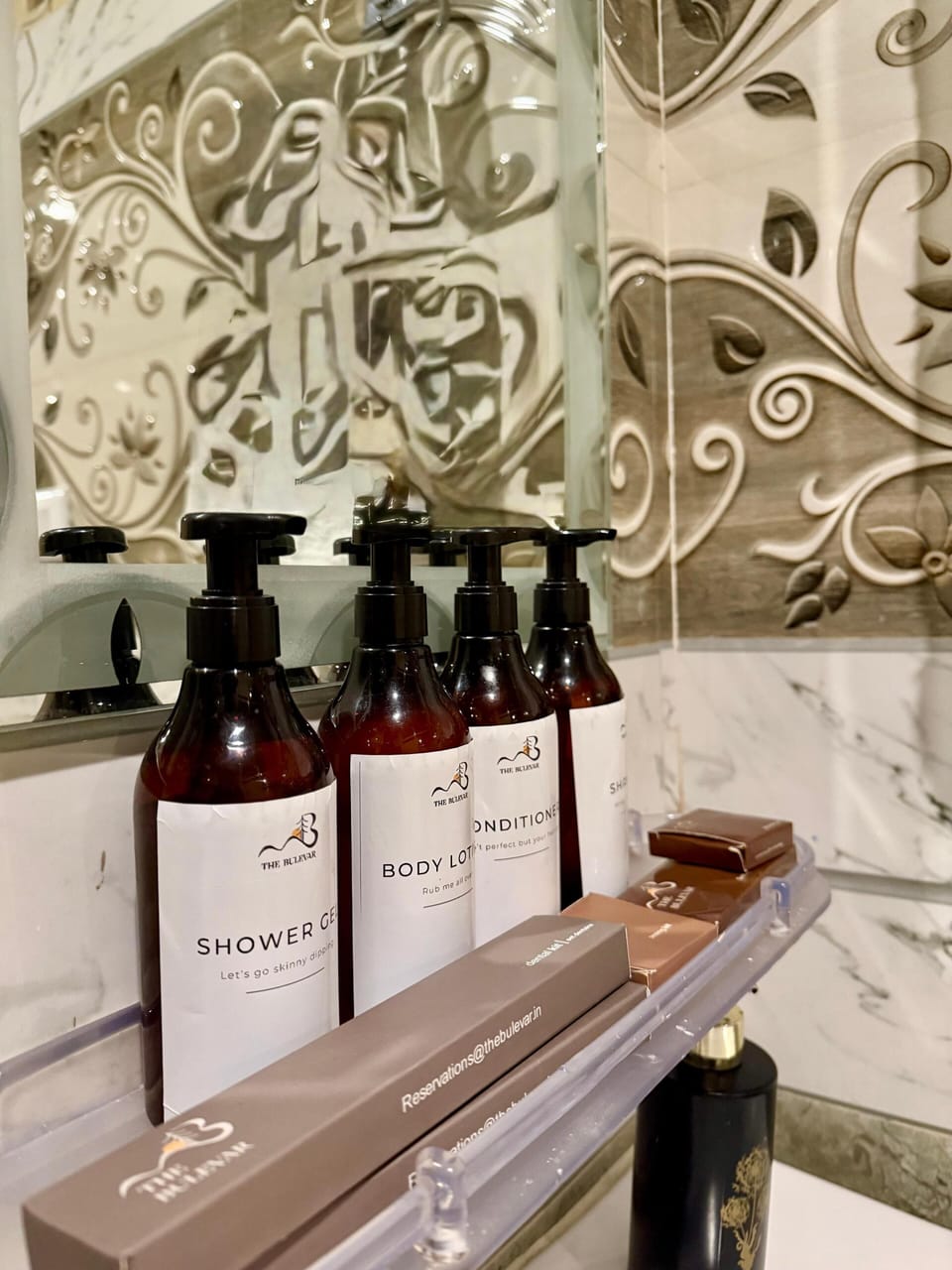 Shower, towels, soap, shampoo