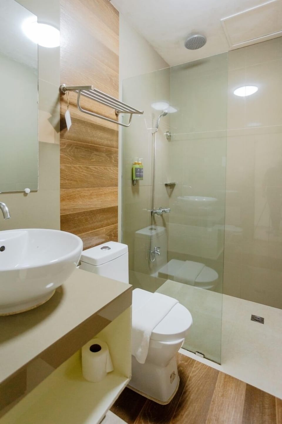 Shower, hydromassage showerhead, designer toiletries, hair dryer