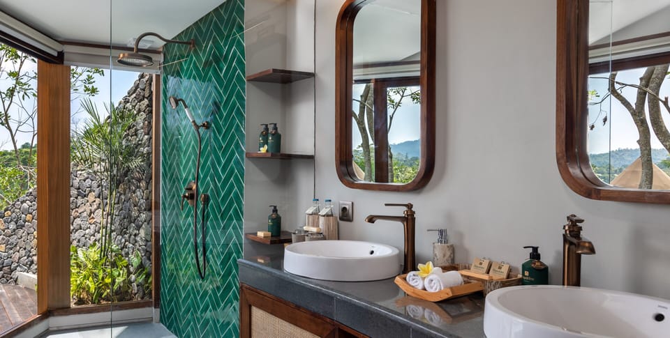 Luxury Pool Tent | Bathroom | Free toiletries, hair dryer, slippers, towels