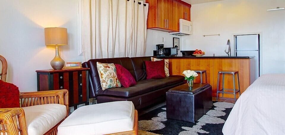Room 9 Poolside Studio  | Living area | 42-inch flat-screen TV with cable channels, TV