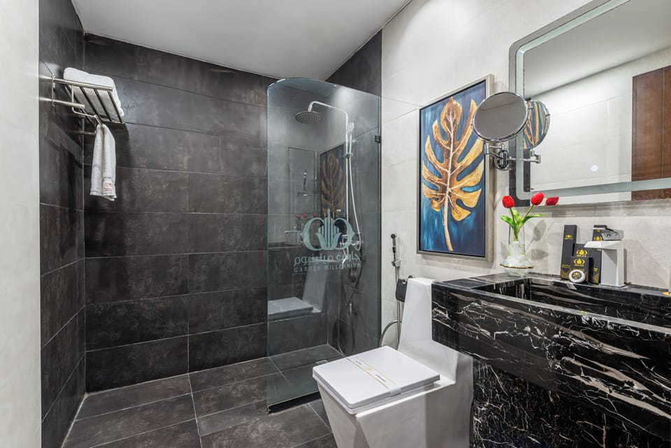 Shower, hair dryer, bathrobes, slippers