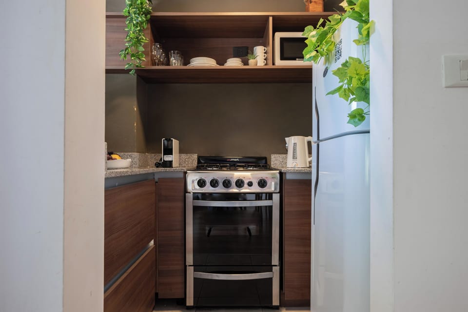 Apartment | Private kitchen | Full-size fridge, microwave, oven, stovetop