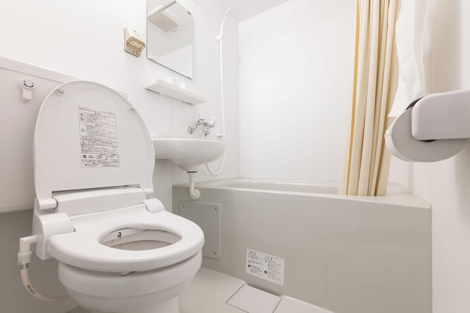Combined shower/tub, hair dryer, slippers, bidet