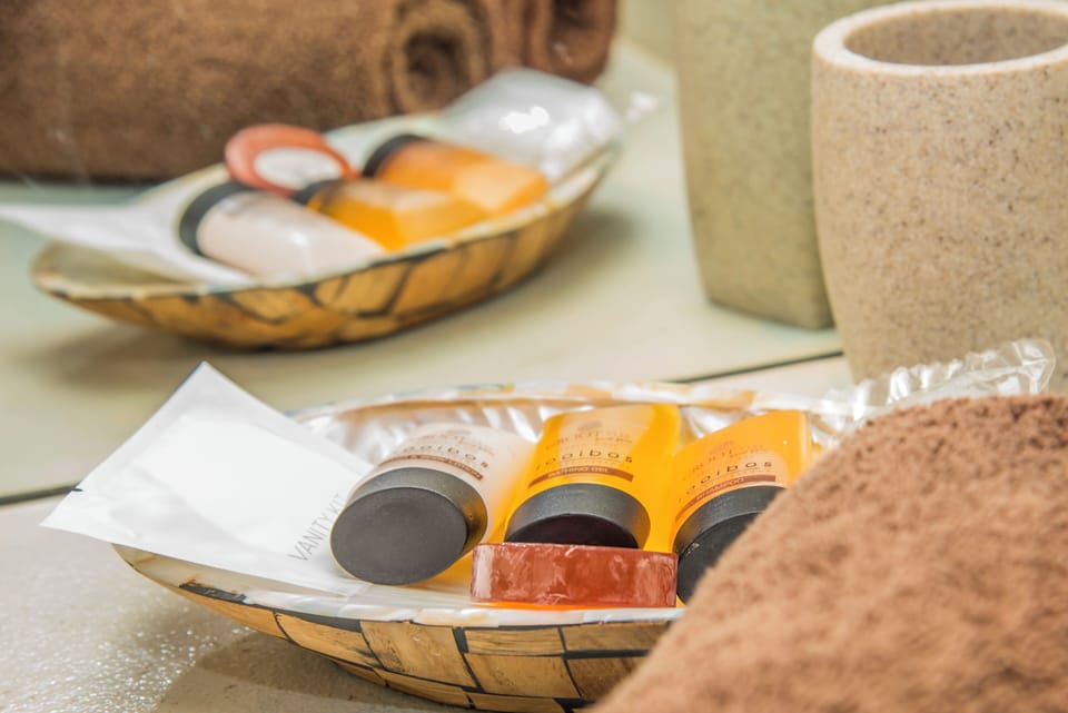 Combined shower/tub, free toiletries, hair dryer, towels