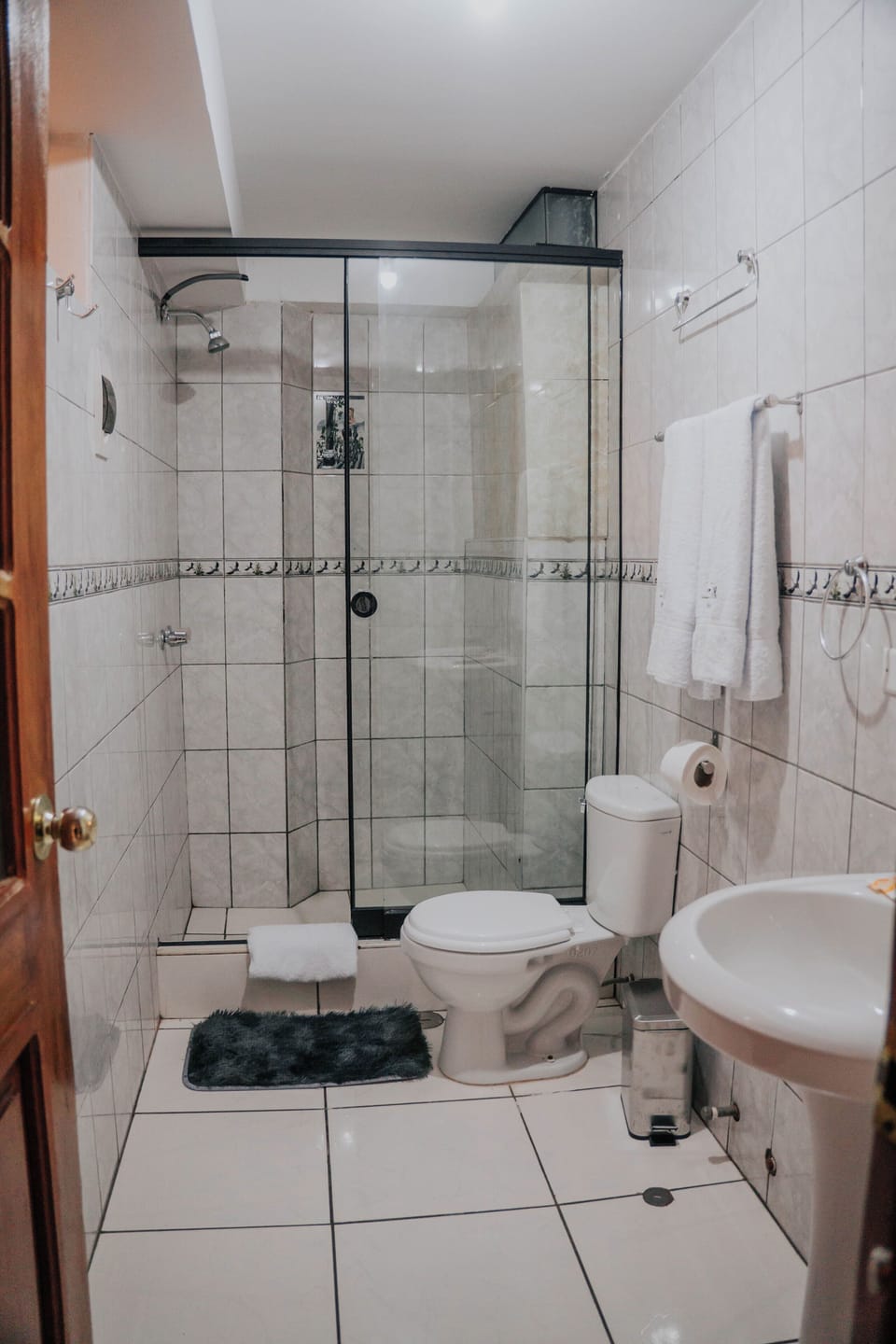 Shower, rainfall showerhead, hair dryer, bathrobes
