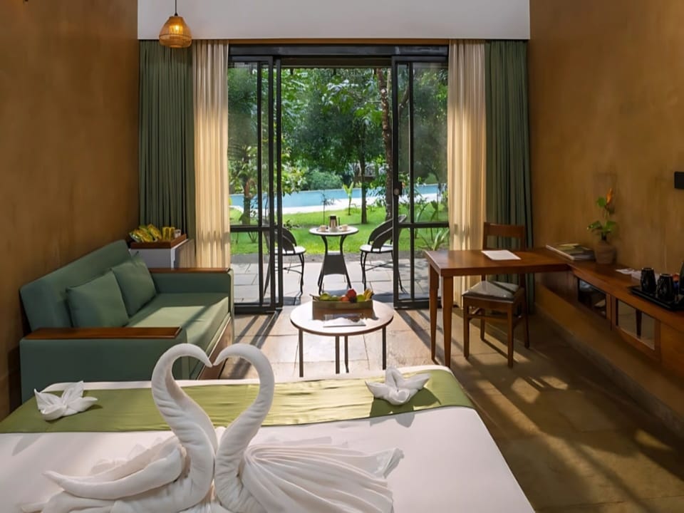 Pool Garden with Private Veranda | Premium bedding, desk, laptop workspace, blackout drapes