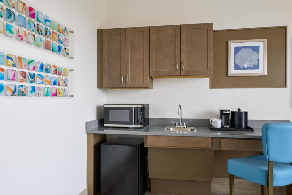 Mini-fridge, microwave, coffee/tea maker
