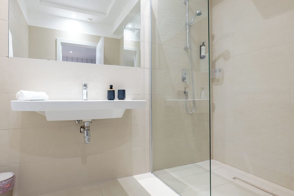 Deluxe Double Room | Bathroom | Shower, rainfall showerhead, hair dryer, slippers
