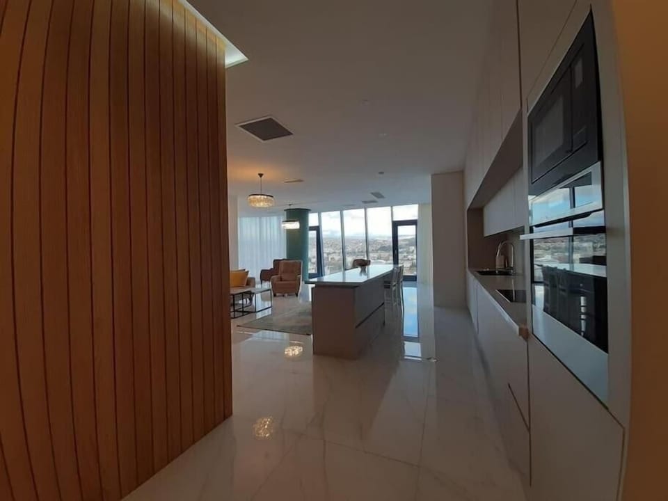 Family Apartment, River View | Private kitchen | Full-size fridge, microwave, oven, stovetop