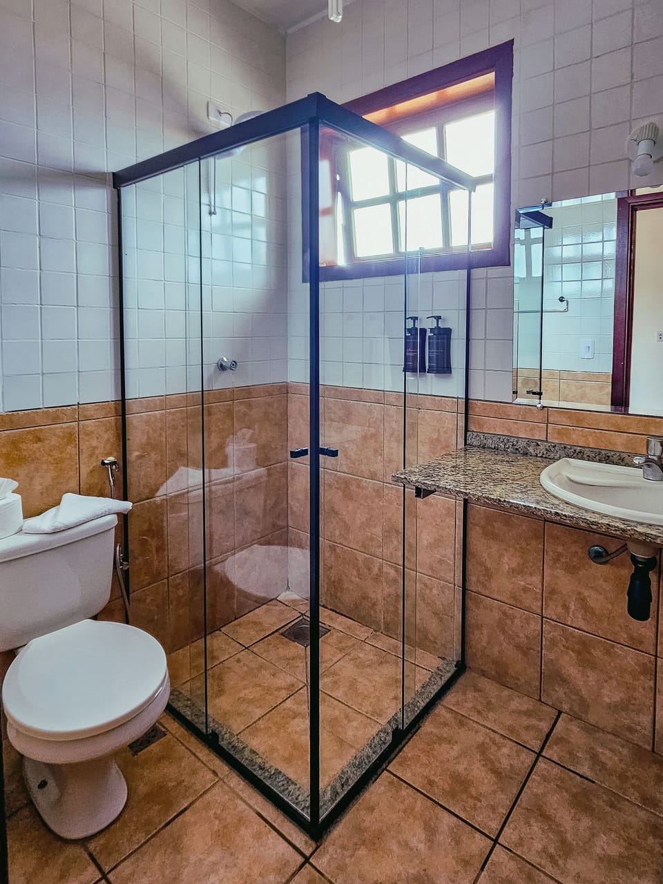 Shower, towels, soap, shampoo