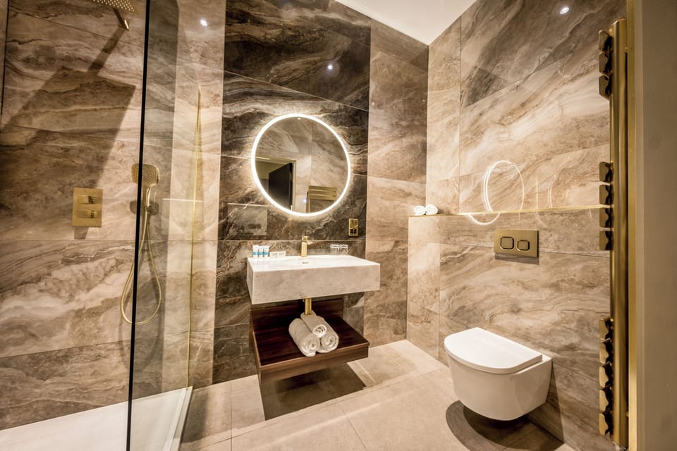 Hair dryer, soap, shampoo, toilet paper