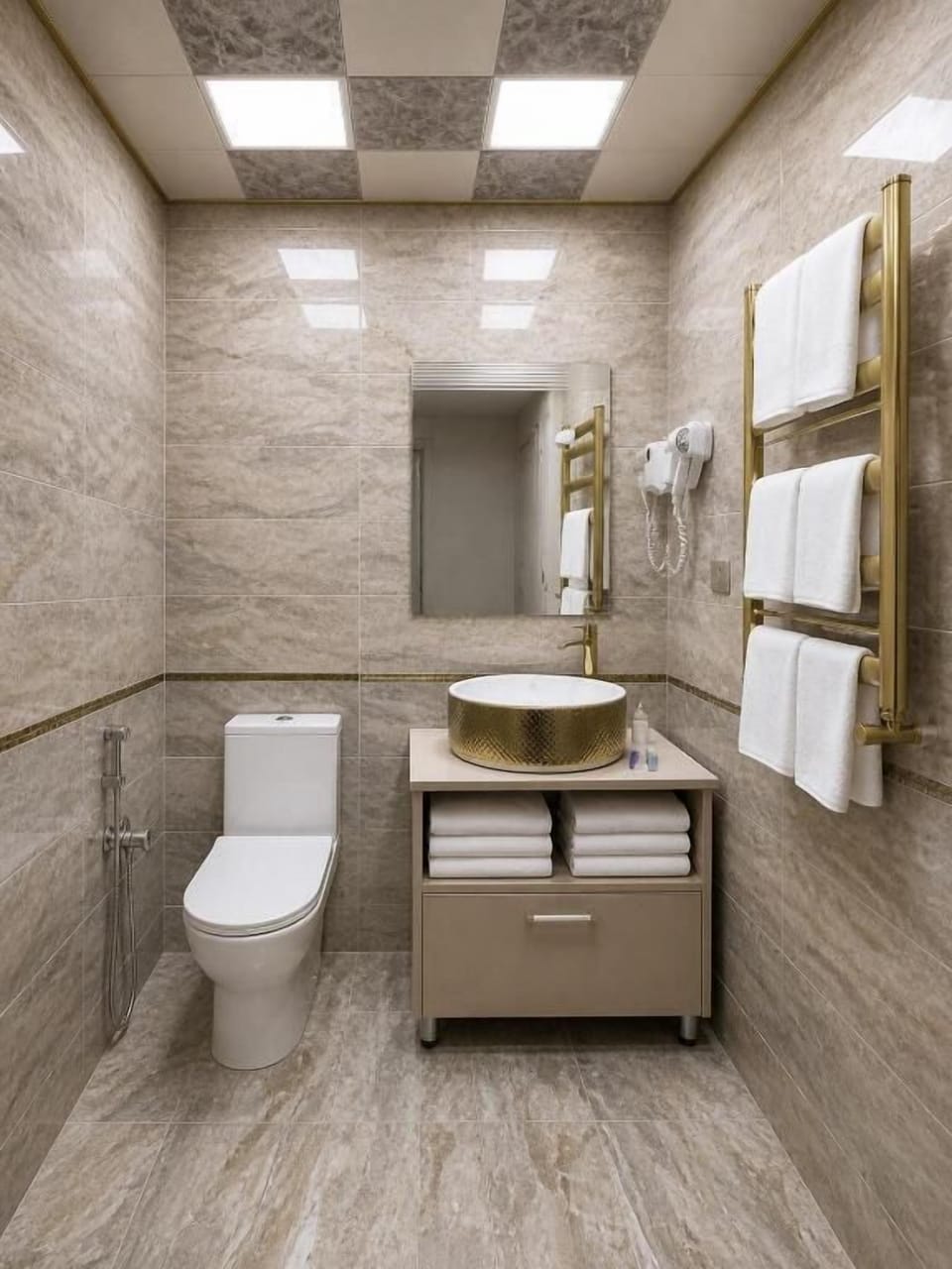 Jetted tub, rainfall showerhead, hair dryer, bathrobes