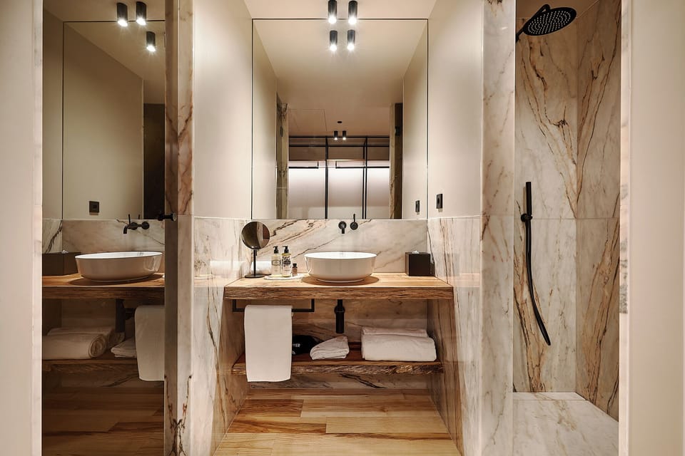 Shower, towels, soap, toilet paper