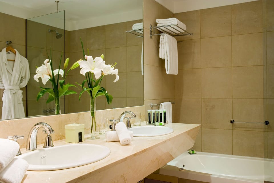 Combined shower/tub, deep soaking tub, free toiletries, hair dryer