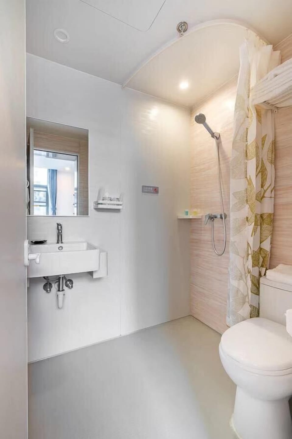 Shower, rainfall showerhead, hair dryer, slippers