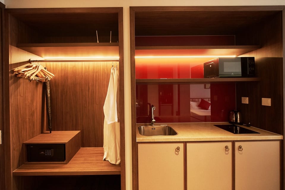 Mini-fridge, microwave, stovetop, electric kettle
