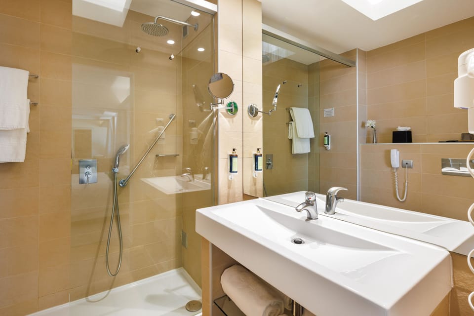 Eco-friendly toiletries, hair dryer, towels