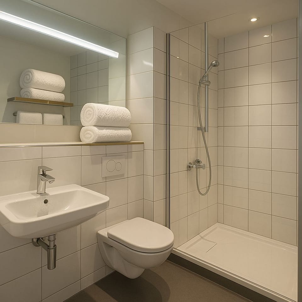 Combined shower/tub, hair dryer, towels, toilet paper
