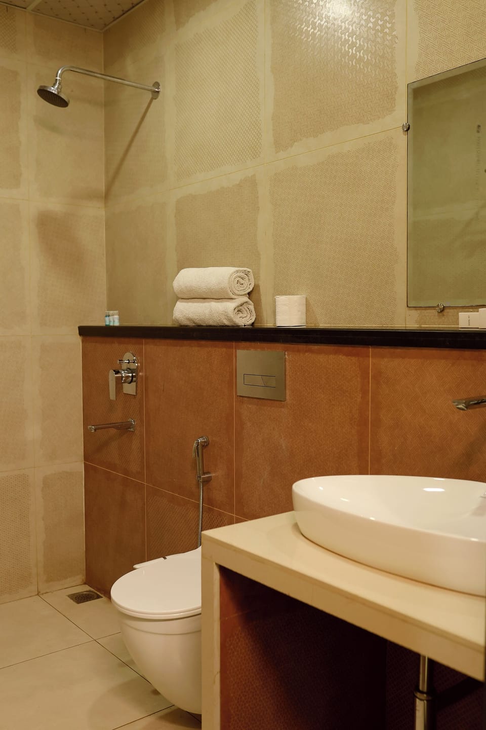 Shower, slippers, towels, soap