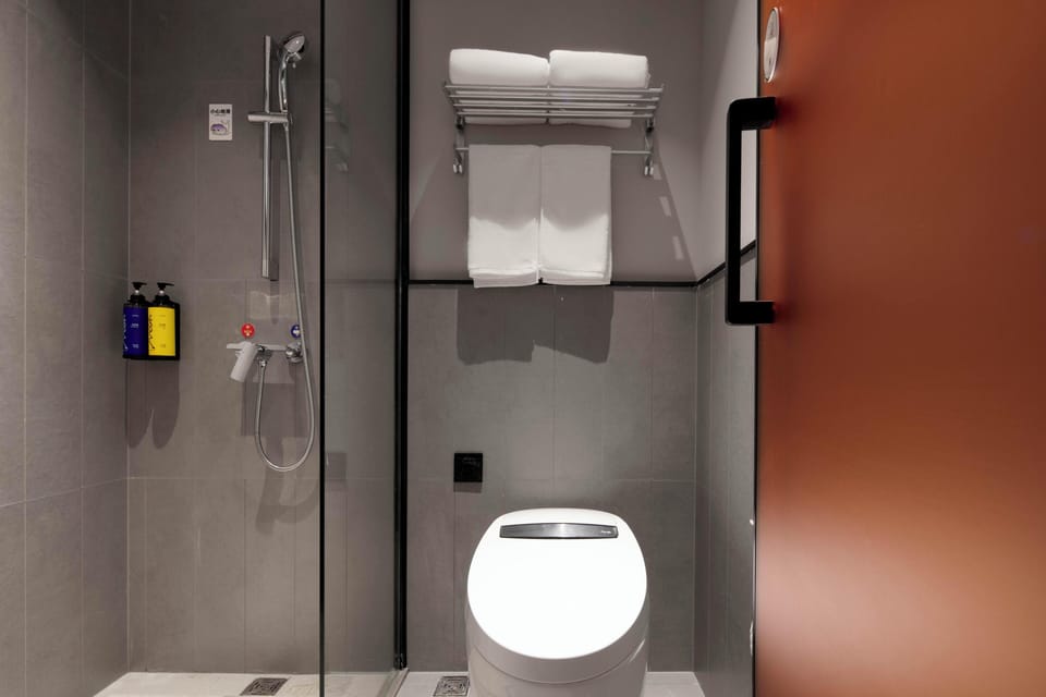 Shower, rainfall showerhead, free toiletries, hair dryer