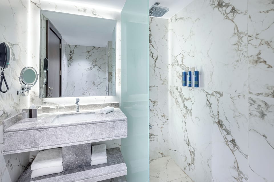 Shower, rainfall showerhead, hair dryer, bathrobes