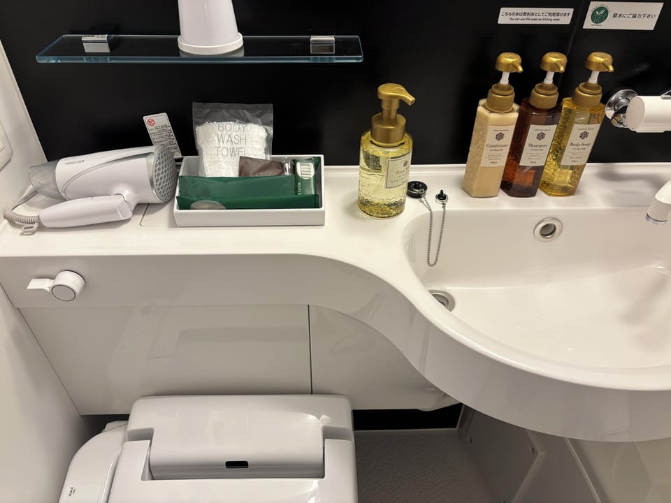 Combined shower/tub, free toiletries, hair dryer, slippers