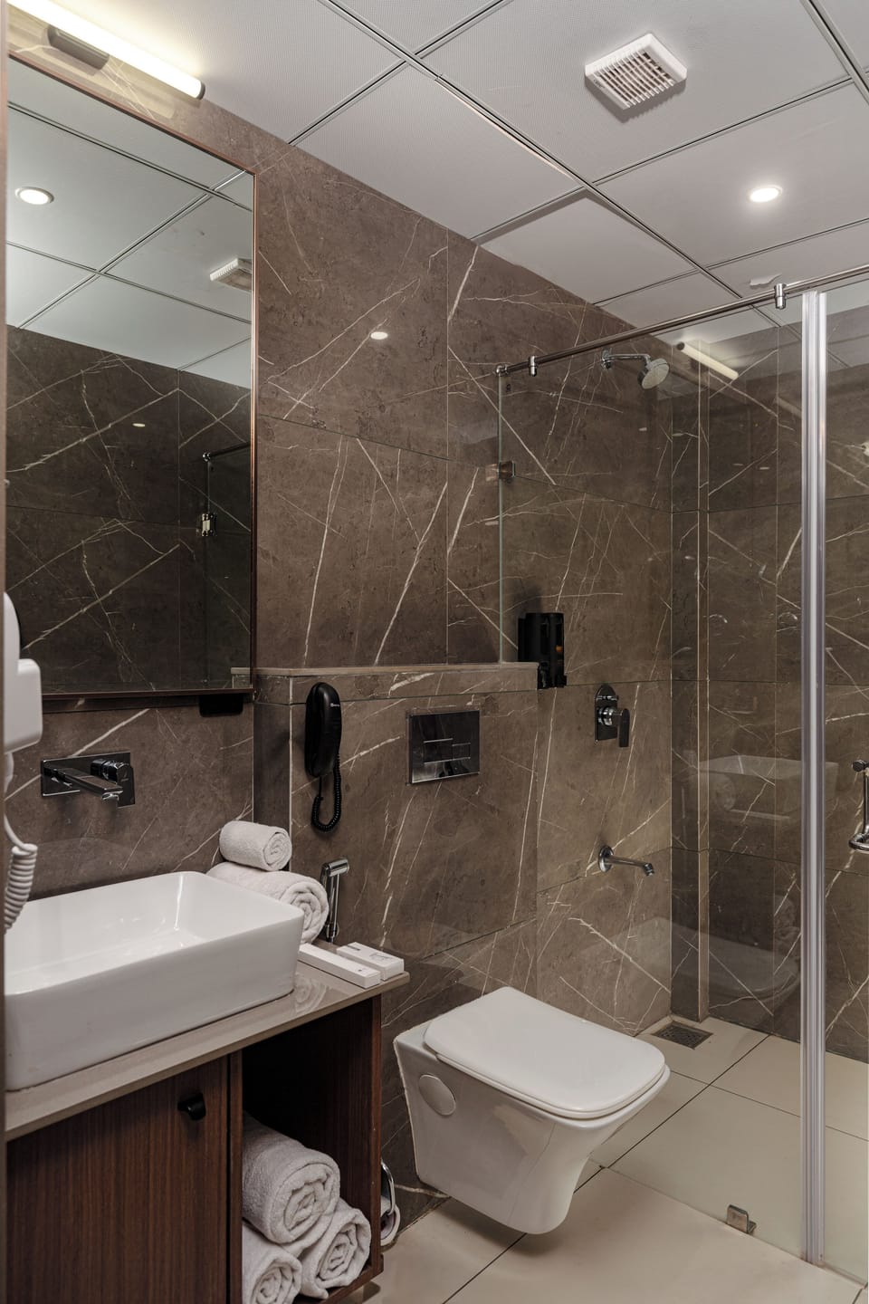 Shower, hair dryer, bidet, towels