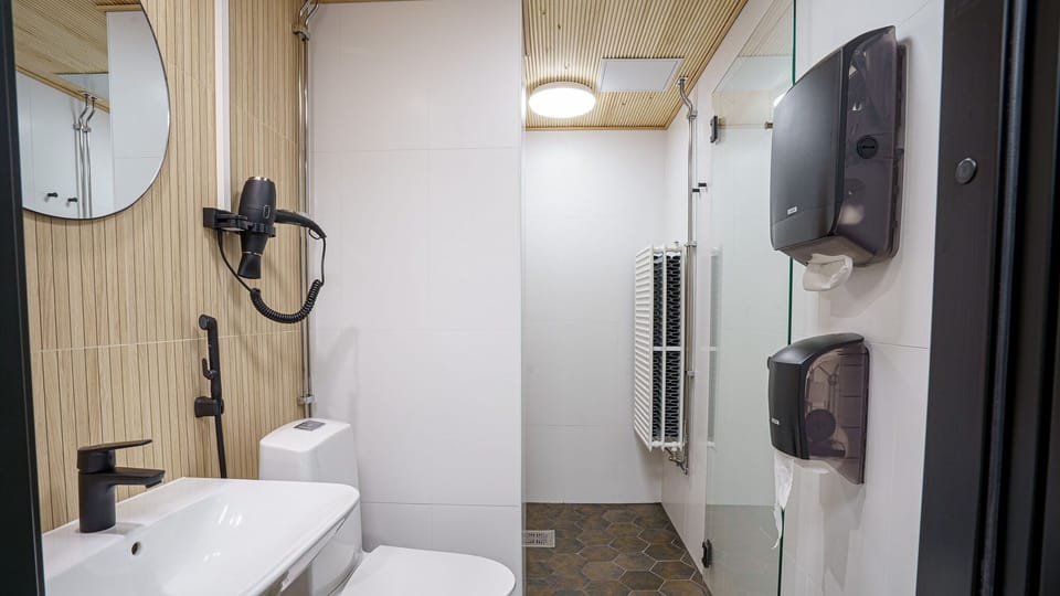 Hair dryer, slippers, bidet, towels