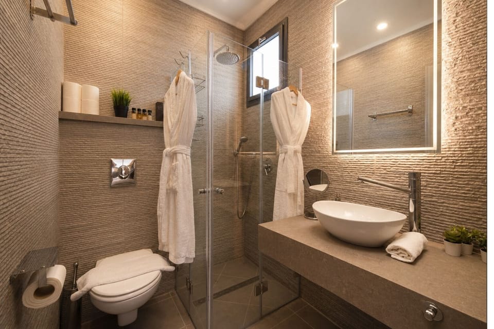 Shower, hydromassage showerhead, designer toiletries, hair dryer