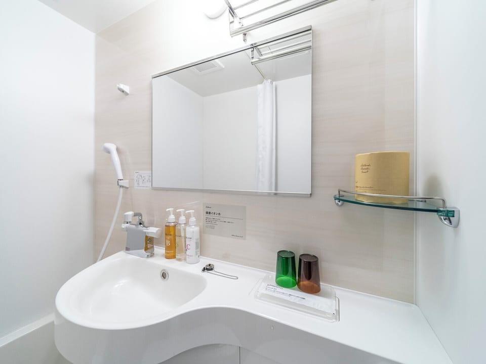 Combined shower/tub, free toiletries, hair dryer, slippers