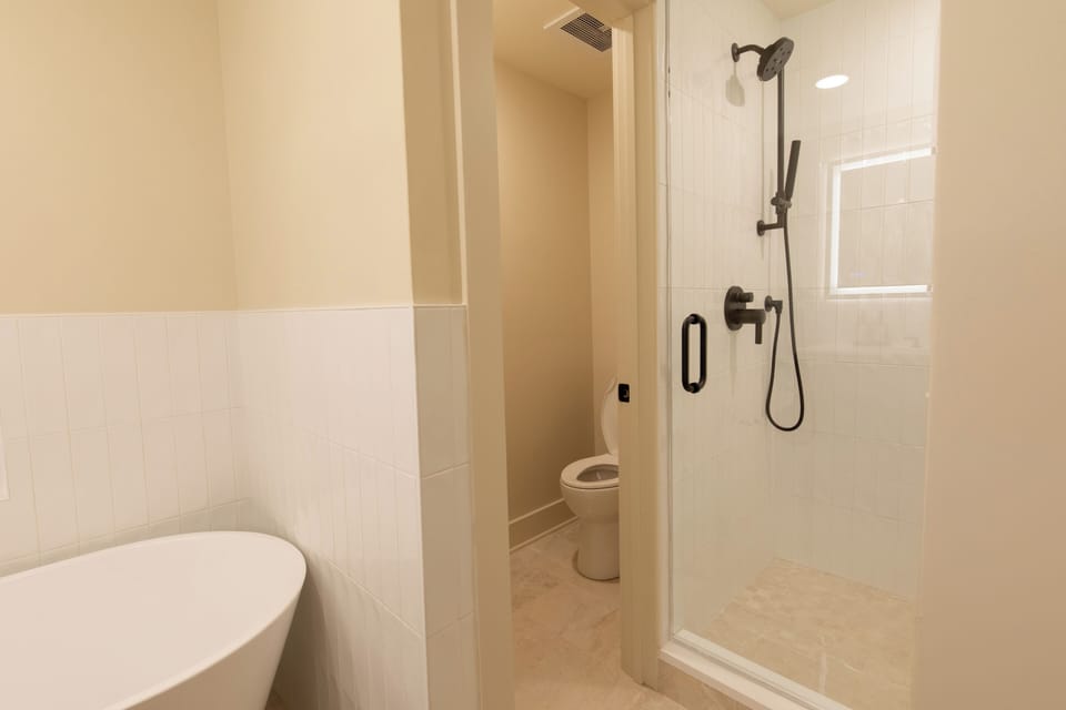 Hair dryer, towels, soap, shampoo