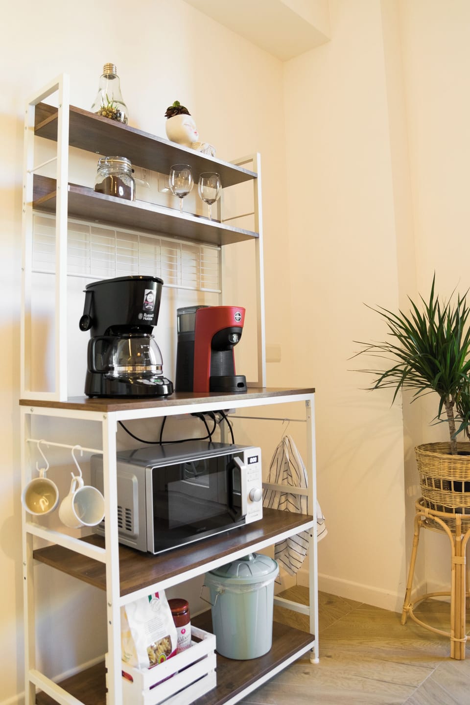 Espresso maker, coffee/tea maker, mini-fridge, microwave