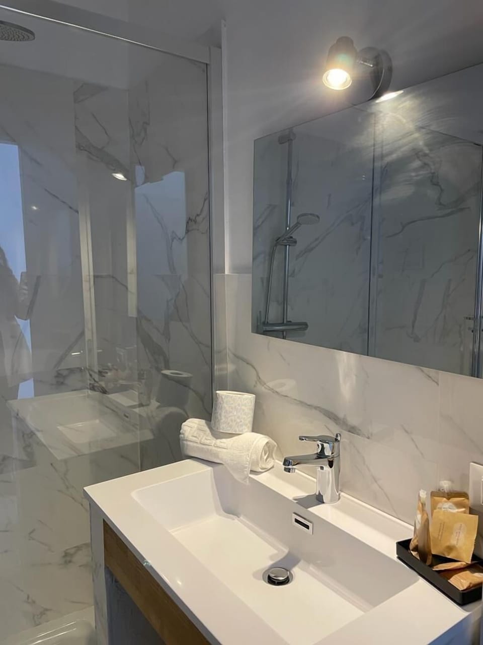 Panoramic Double Room, Partial Sea View | Bathroom | Shower, free toiletries, hair dryer, towels