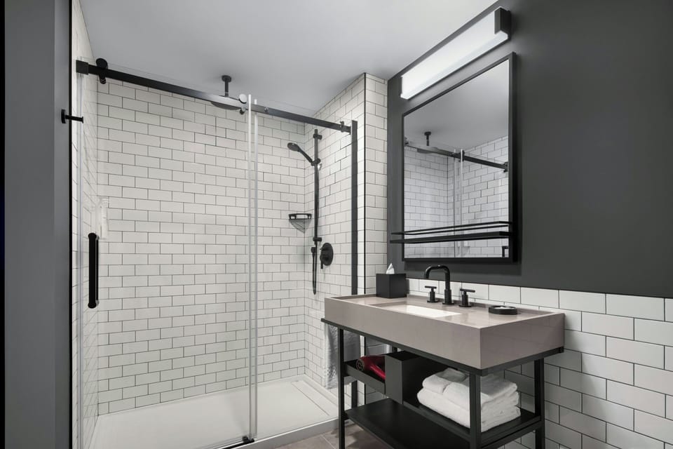 Shower, free toiletries, hair dryer, towels