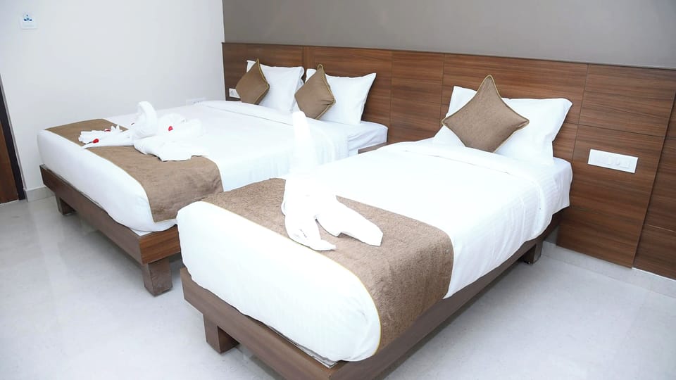Premium bedding, desk, laptop workspace, soundproofing