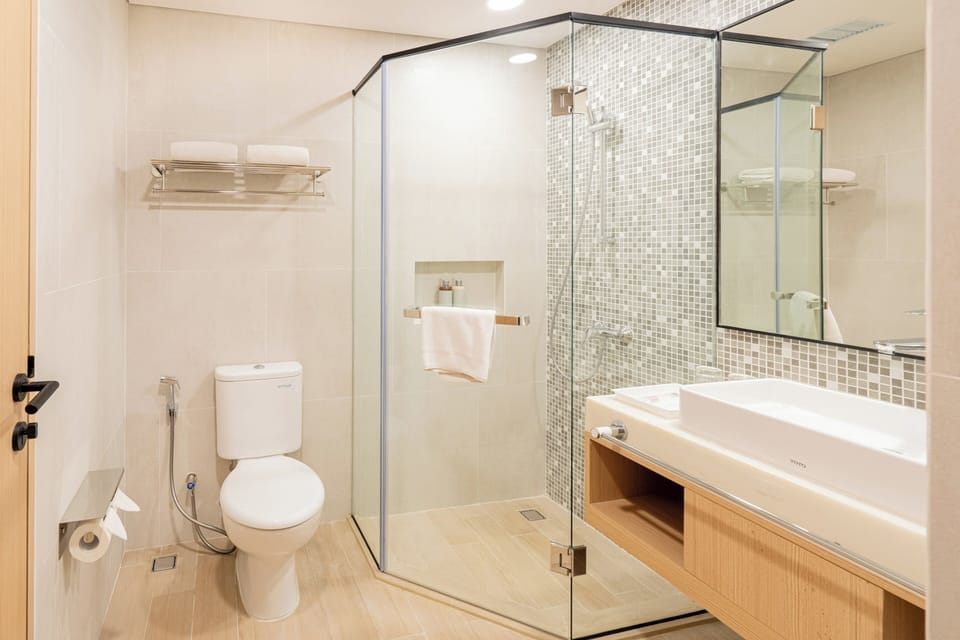 Shower, rainfall showerhead, hair dryer, slippers