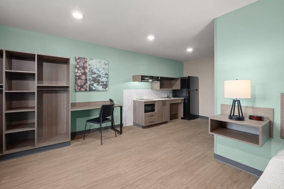 Full-size fridge, microwave, stovetop
