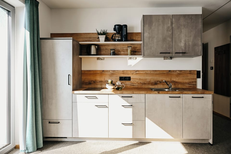 Apartment, 1 Queen Bed with Sofa bed, Mountain View | Private kitchen | Full-size fridge, stovetop, dishwasher, highchair