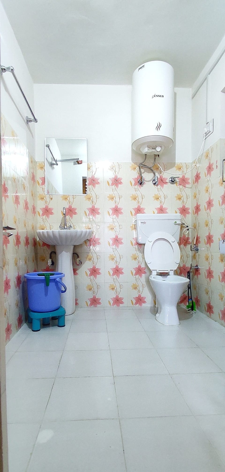Shower, rainfall showerhead, slippers, towels