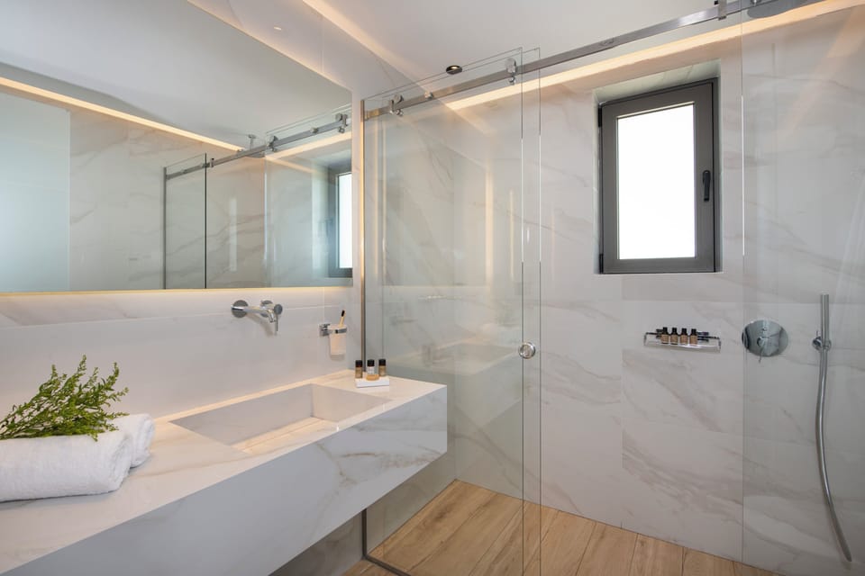 Shower, rainfall showerhead, free toiletries, hair dryer