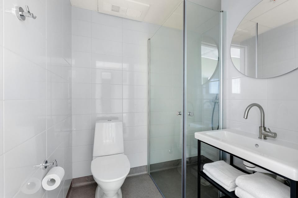 Shower, eco-friendly toiletries, hair dryer, towels