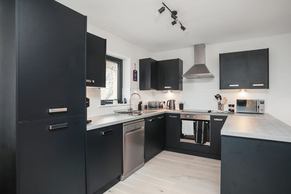 Fridge, dishwasher, toaster, cookware/dishes/utensils