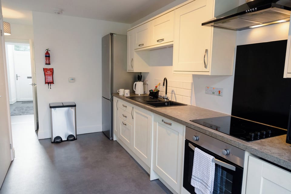 Fridge, dishwasher, electric kettle, cookware/dishes/utensils