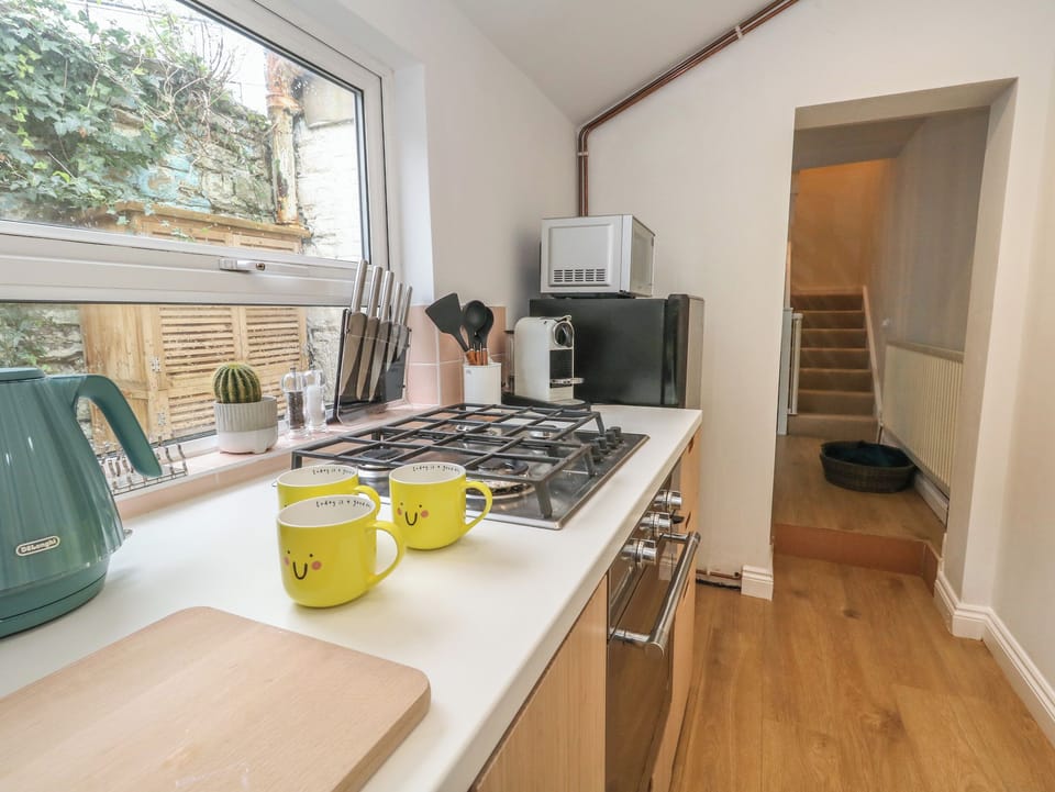 Fridge, electric kettle, toaster, cookware/dishes/utensils