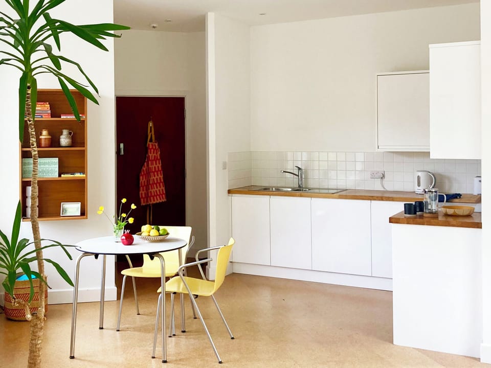 Fridge, electric kettle, toaster, cookware/dishes/utensils