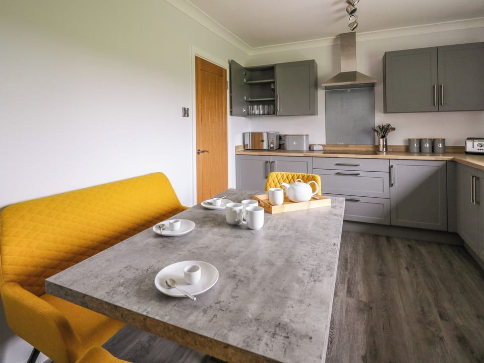 Fridge, electric kettle, toaster, cookware/dishes/utensils