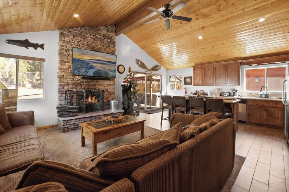 Comfort Cabin, 3 Bedrooms, Fireplace, Lake View | Living room | 49-inch Smart TV with digital channels, fireplace
