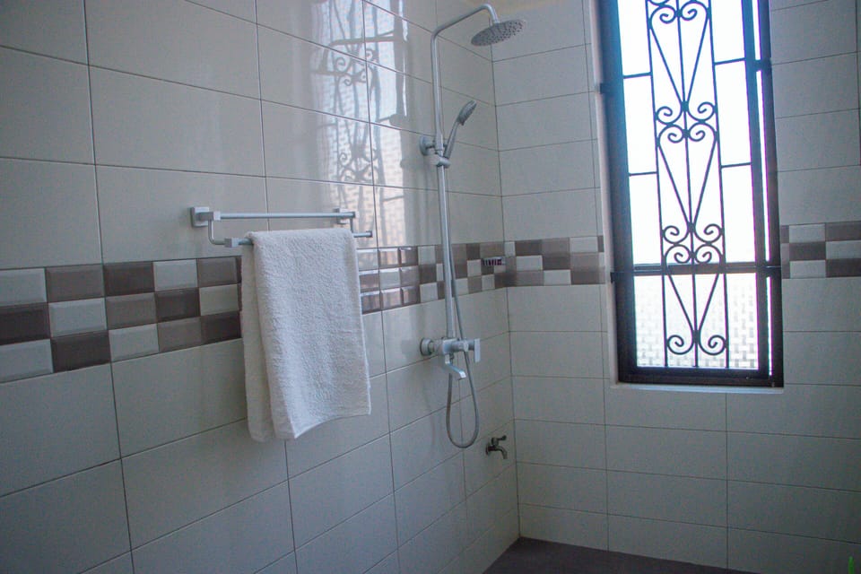 Combined shower/tub, slippers, towels, soap