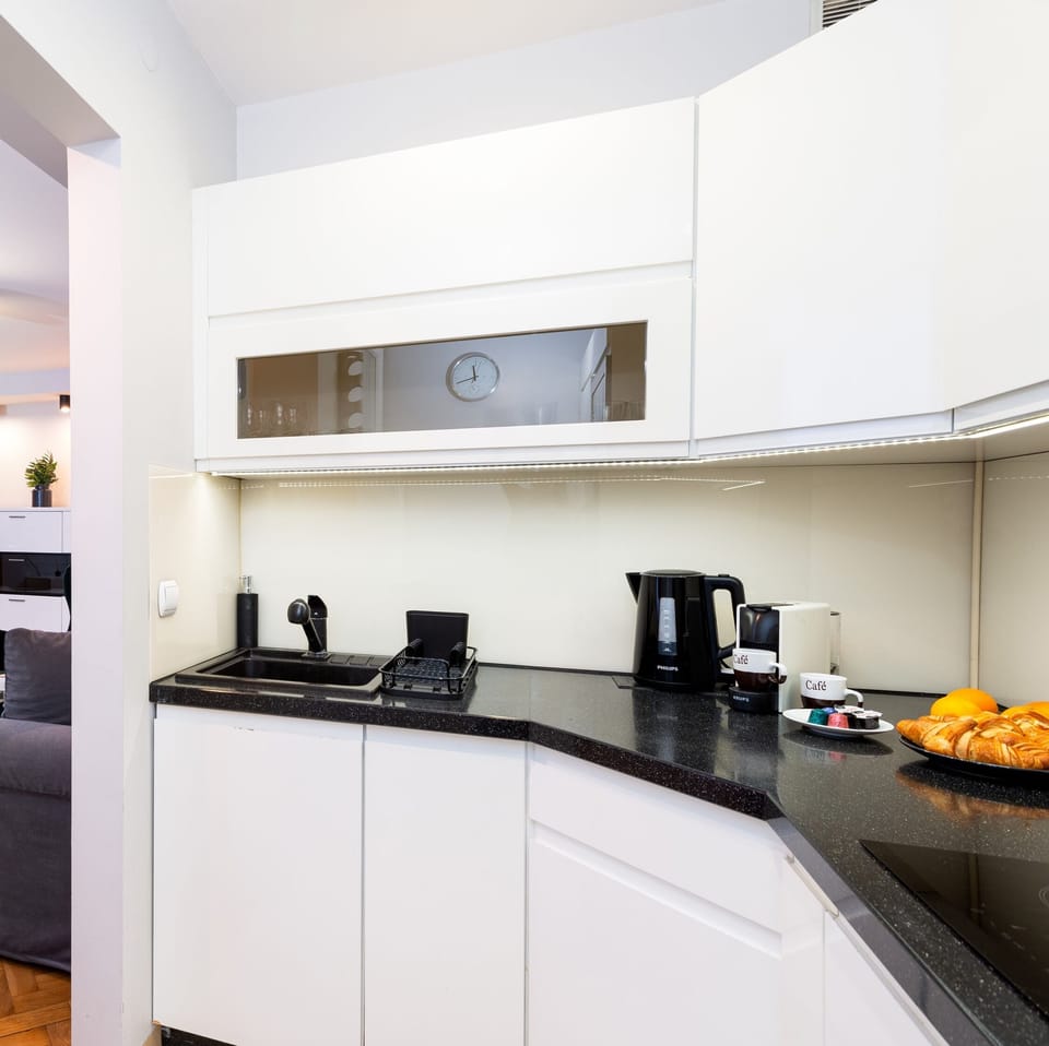 Comfort Apartment, Balcony, City View | Private kitchen | Full-size fridge, microwave, oven, stovetop