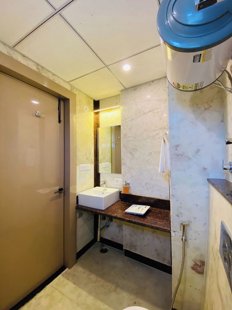 Shower, slippers, towels, soap